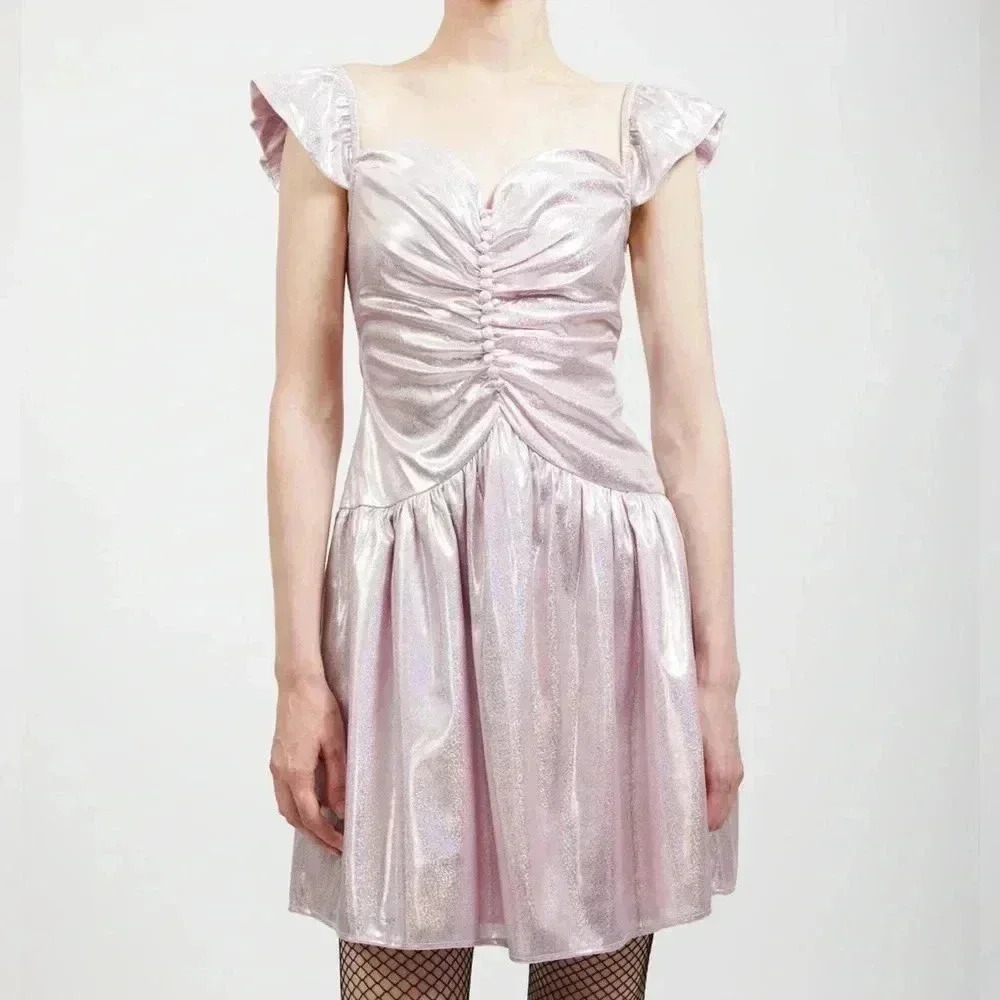 Batsheva Wendy Pink holographic effect Metallic Ruched Mini Dress